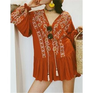 Free People Wild Dreams Embroidered Tunic Dress Boho Hippie Western Rust Orange